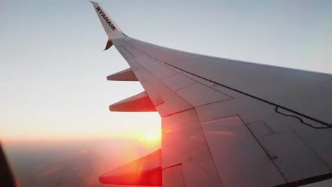The setting sun burns between the flaps of the wing Vídeo Stock 348076148