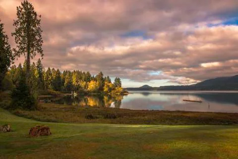 Setting sun casts light on fall colors reflected in Lake Quinault. Stock Photos