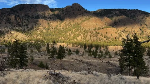 Setting sun on hills of Dewdrop range, Kamloops Thompson country, 4k Stock Footage 256363876