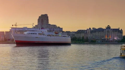 Setting Sun Light, Victoria BC Tourist Travel Destination, Passenger Coho Ferry Stock Footage 87200780
