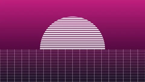 Setting sun over digital grid landscape with neon pink sky and subtle motion Stock Footage 340942857