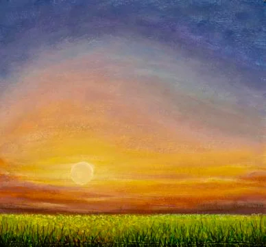 Setting sun over a green sugar beet field painting pink purple and orange. Wa Ilustração Stock