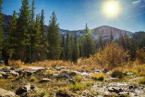 Setting Sun Over the Slow Stream Stock Photos