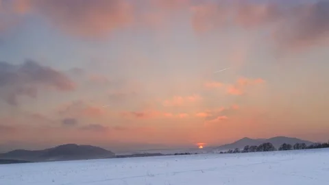 Setting sun over winter landscape,4k,timelapse Stock Footage 230629414