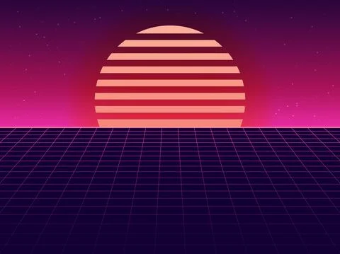 Setting sun retro futuristic synthwave surface. Geometric purple grid background Stock Illustration