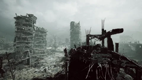 Setting sun reveals dilapidated tower and ash covered horizon scene Stock Footage 326296039