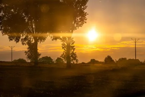 The setting sun shines through the branches of trees, autumn landscape Stock Photos
