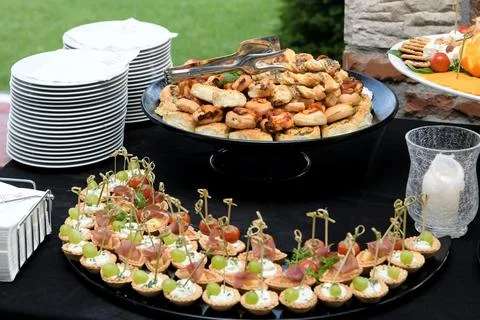 Setting of the table with food for breakfast, bread, beverage, shallow focus, Stock-Fotos