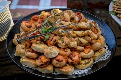 Setting of the table with food for breakfast, bread, beverage, shallow focus, Stock-Fotos