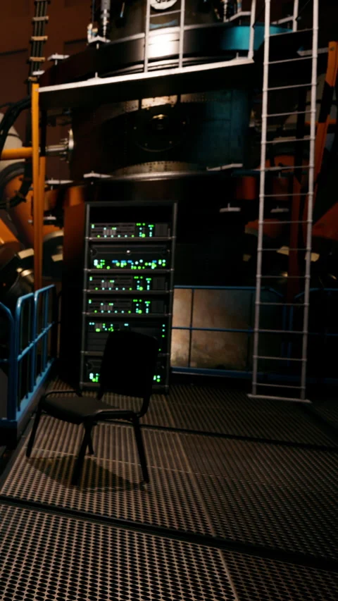 Setting in a technology center showing a chair in front of equipment Stock Footage 341039194