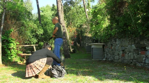 Setting Up Tent at Camp Stock Footage 32358179