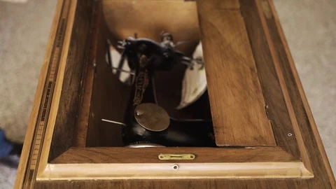 Setting up Vintage Sewing Machine Table 動画素材 120313062