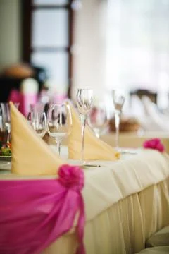 Setting at wedding reception. Corner view of the served table. Stock Photos