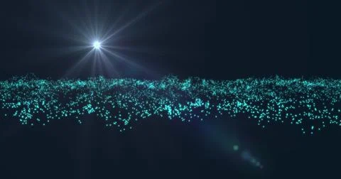 A setting white star casting rays and glare. Blue oscillating particles on .. Illustrazione stock