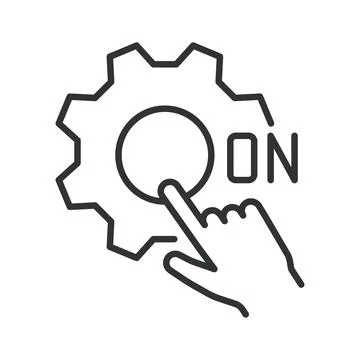 Settings and control activation, icon in line design. Hand pressing on button Stock Illustration