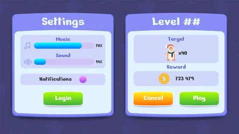 Settings and Level menu pop up with buttons and icons. Set of user interface GUI Stock Illustration