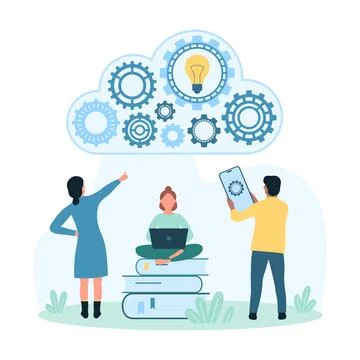 Settings, configuration of cloud service, tiny people work with gears of cloud Illustrazione stock