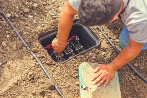 Settings drip irrigation valve box with valves Stock Photos