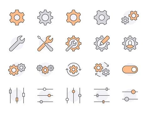 Settings flat line icons set. Cogwheell, mechanical wrench, spanner Illustrazione stock