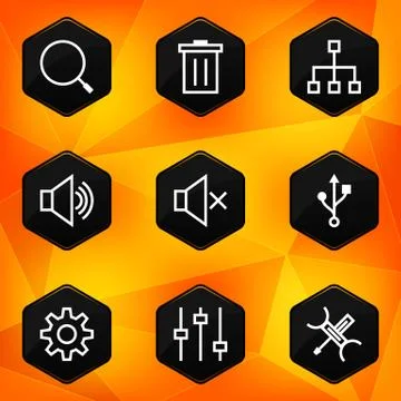 Settings. Hexagonal icons set on abstract orange background Stock Illustration