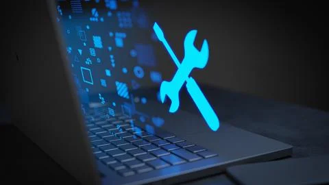 Settings icon glowing concept in a dark laptop with hologram 3D Render Stock Illustration