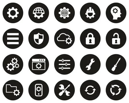 Settings Icons White On Black Flat Design Circle Set Big Stock Illustration