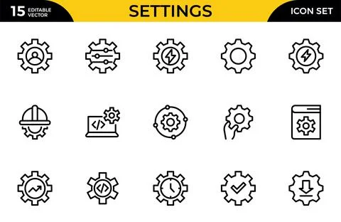 Settings line icon set. Containing options, preferences, adjustments, gear,.. Stock Illustration
