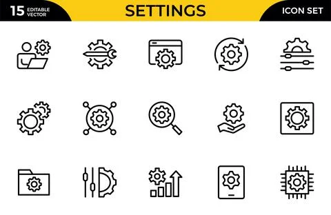 Settings line icon set. Containing options, preferences, adjustments, gear,.. Stock Illustration