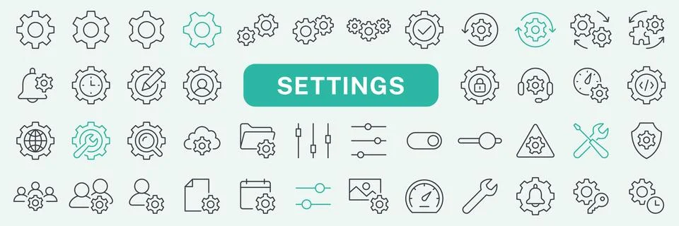 Settings line icon set. Gear, configuration, preferences, control, security Stock Illustration