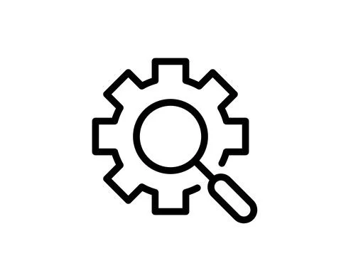 Settings search linear icon. Thick line illustration. Magnifying glass with c Stock Illustration