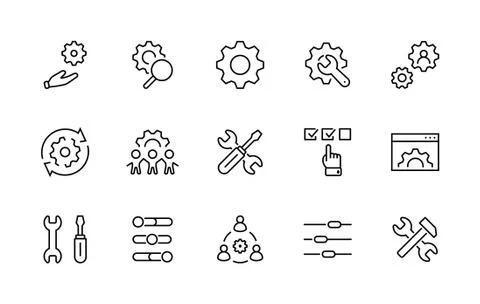 Settings Setup Line Icons. Gear Setting Control Options Service. Editable Stroke Stock Illustration