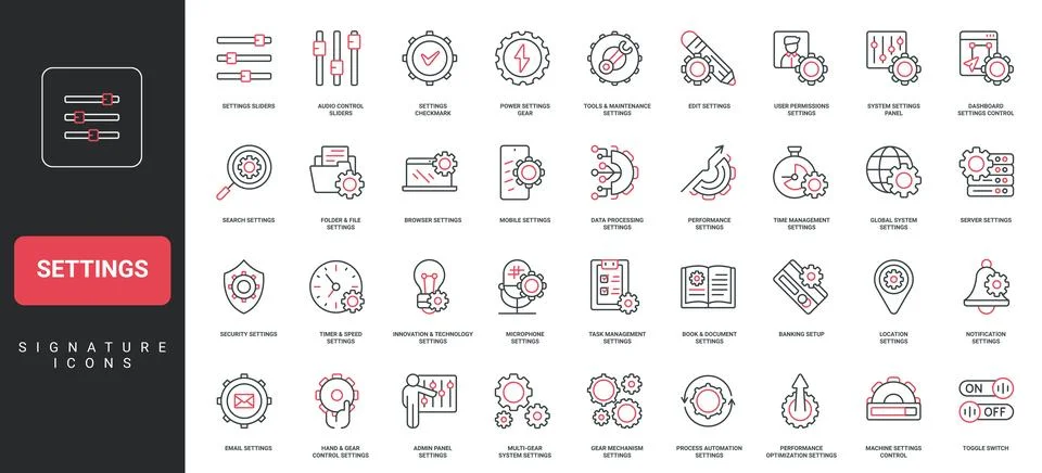 Settings of system, app and software, operation control panel and setup line Stock Illustration
