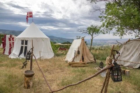 Settlement on a Medieval reenactment demonstration and recreation Stock Photos