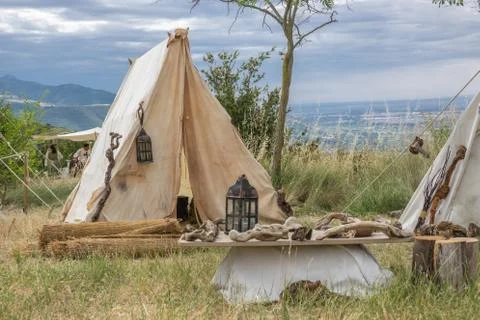 Settlement on a Medieval reenactment demonstration and recreation Stock Photos