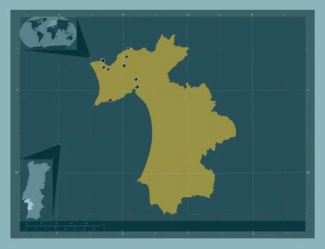 Setubal, Portugal. Solid color shape. Locations of major cities of the region Stock Illustration