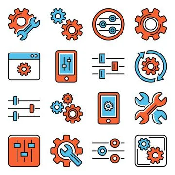Setup and Settings Icons Set on White Background. Vector 库存插图