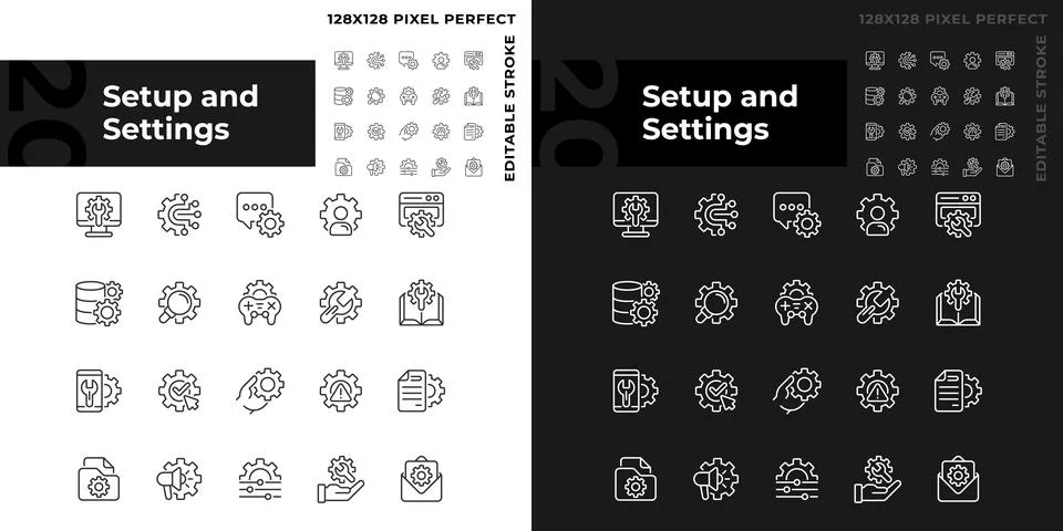 Setup and settings pixel perfect linear icons set for dark, light mode 스톡 일러스트