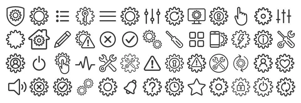 Setup and Settings vector line icon set. IU Gear icons collection Illustrazione stock