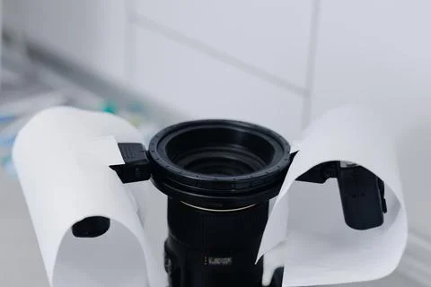 A setup camera for taking photos of teeth in the dental office lies on the ta Stock Photos