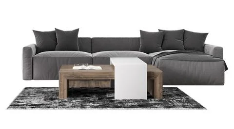 This setup features a gray sofa with pillows, a wooden coffee table, and a .. 写真素材