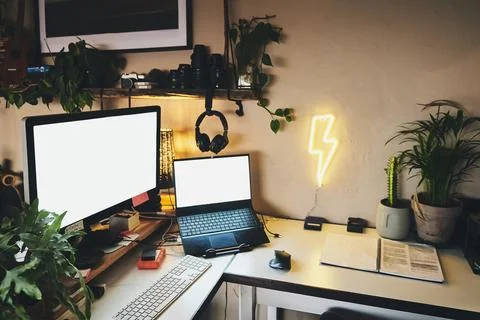 Setup, room and computer on desk, screen and equipment for work in workstation Foto stock
