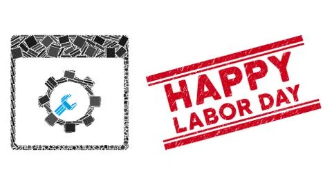 Setup Tools Calendar Page Mosaic and Distress Happy Labor Day Watermark with Ilustração Stock
