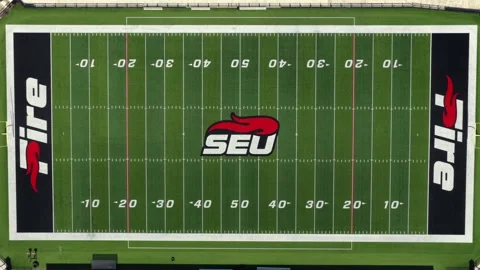 SEU Fire logo marks empty football field turf at Southeastern University in Vídeo Stock 340042308