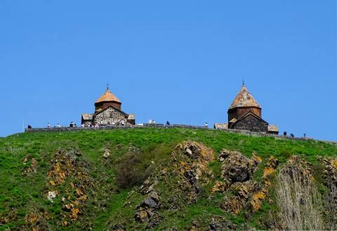 Sevan, Armenia - 5.13.2022. Sevanavank monastery up on the hill in sunny day Stock Photos