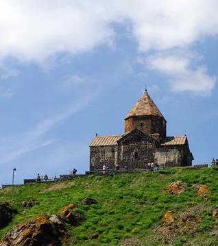 Sevan, Armenia - 5.13.2022. Sevanavank monastery up on the hill in sunny day 스톡 사진