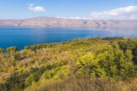 Sevan Lake, Armenia, beautiful aerial panoramic view of Sevan Lake, Geghark.. Stock Photos