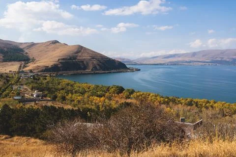 Sevan Lake, Armenia, beautiful aerial panoramic view of Sevan Lake, Geghark.. Stock Photos