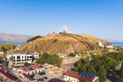 Sevan Lake, Armenia, beautiful aerial panoramic view of Sevan Lake, Geghark.. Stock Photos
