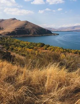 Sevan Lake, Armenia, beautiful aerial panoramic view of Sevan Lake, Geghark.. Stockfoto's