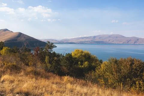 Sevan Lake, Armenia, beautiful aerial panoramic view of Sevan Lake, Geghark.. Stock Photos